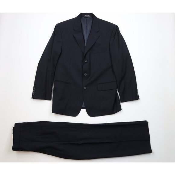 Vintage 90s Streetwear Mens 40S Wool 2 Piece Suit Wedding Navy Blue Pants 32x29